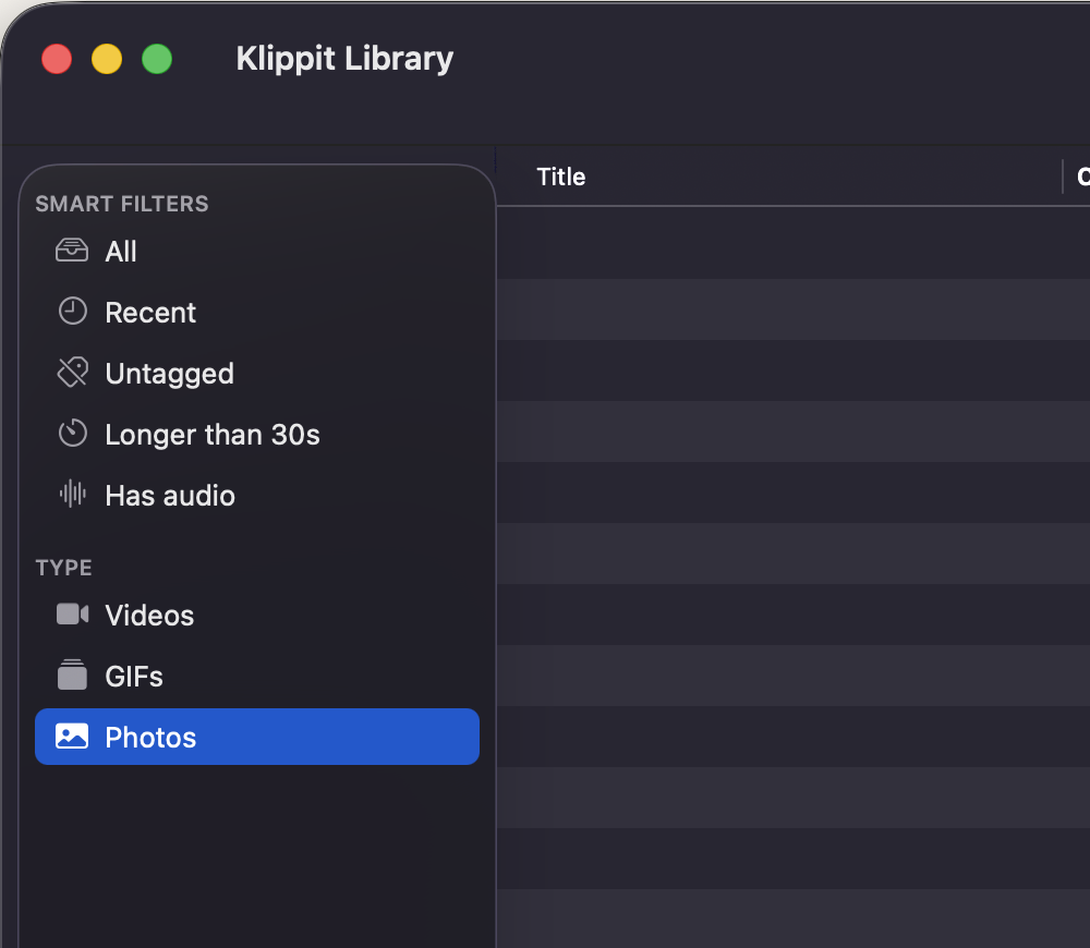Klippit library window with smart filters and type filters in the sidebar — All, Recent, Untagged, Longer than 30s, Has audio; plus Videos, GIFs, Photos.
